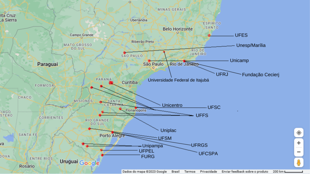 Imagem 3: Mapa das IES parceiras do Observatório Sul-Sudeste. Elaboração: Morgani Guzzo.